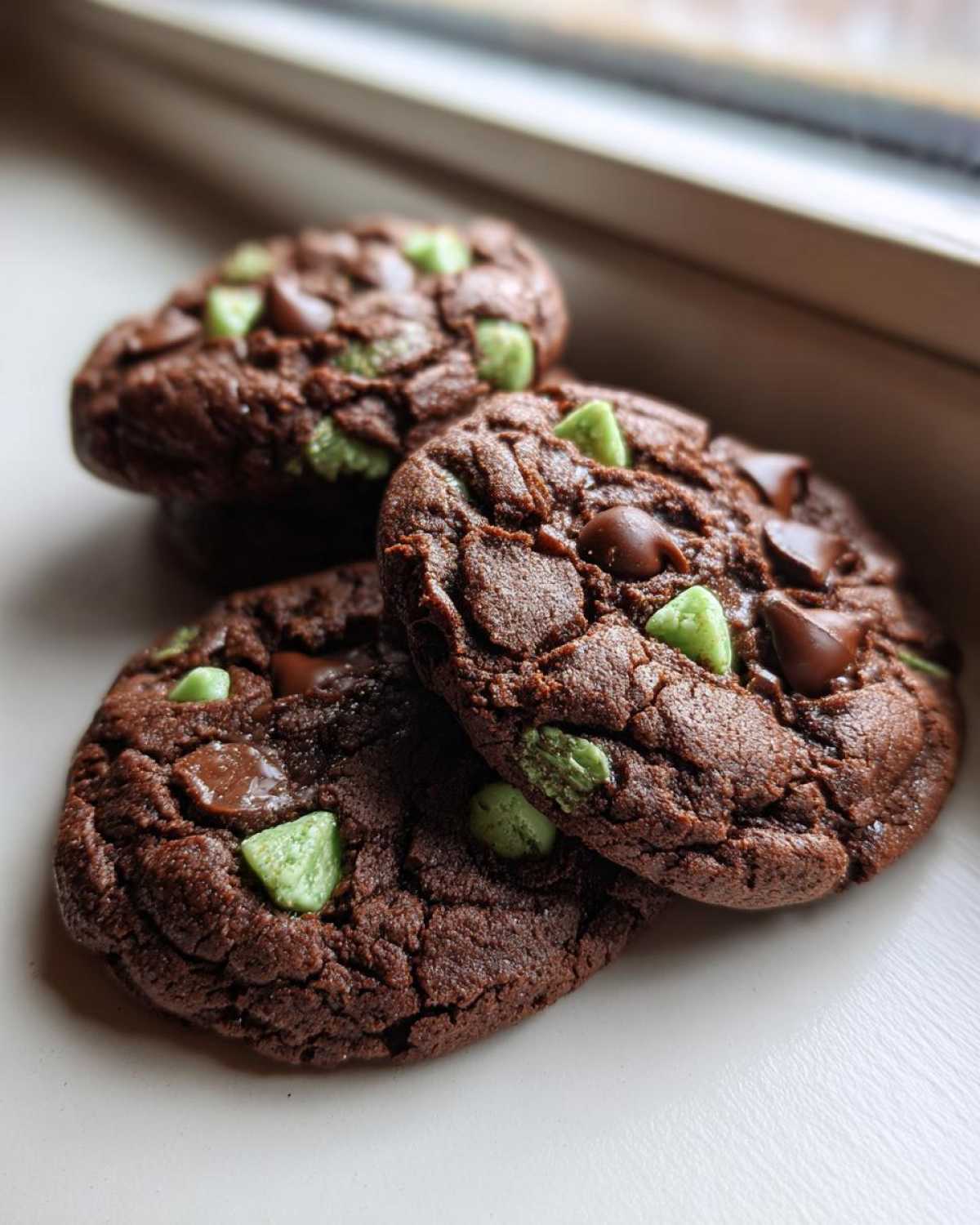A stack of three rich, dark chocolate Andes mint cookies studded with green mint chips and chocolate chunks.