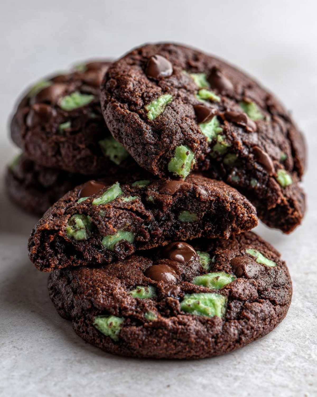 Close-up of rich, dark chocolate Andes mint cookies, one broken in half showing the soft interior and green mint chips.
