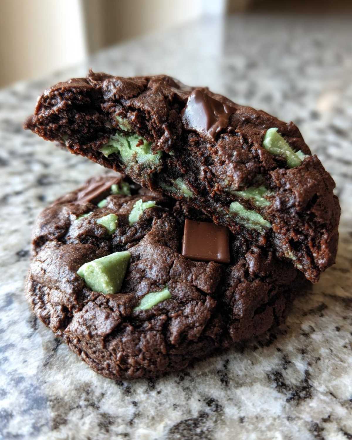 A close-up of a rich, dark chocolate Andes Mint Cookies, broken in half to show the gooey mint filling inside.