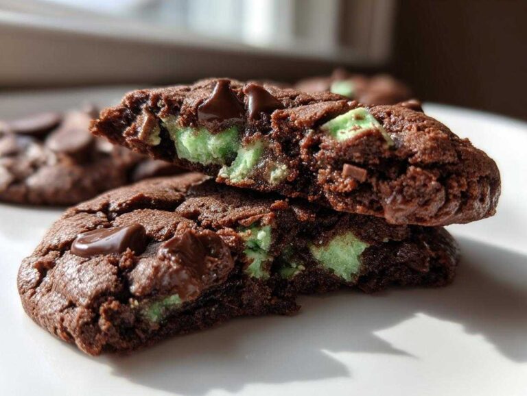 A close-up of rich, chocolate Andes Mint Cookies broken in half, revealing a gooey, bright green mint center.