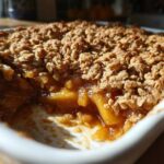Close-up of a freshly baked apple crisp recipe showing caramelized apples and a golden, crumbly oat topping in a white baking dish.