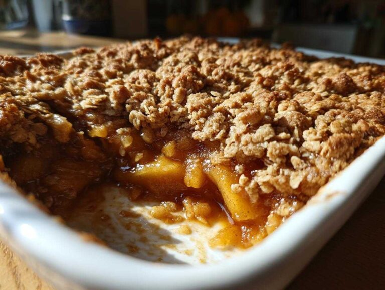 Close-up of a freshly baked apple crisp recipe showing caramelized apples and a golden, crumbly oat topping in a white baking dish.