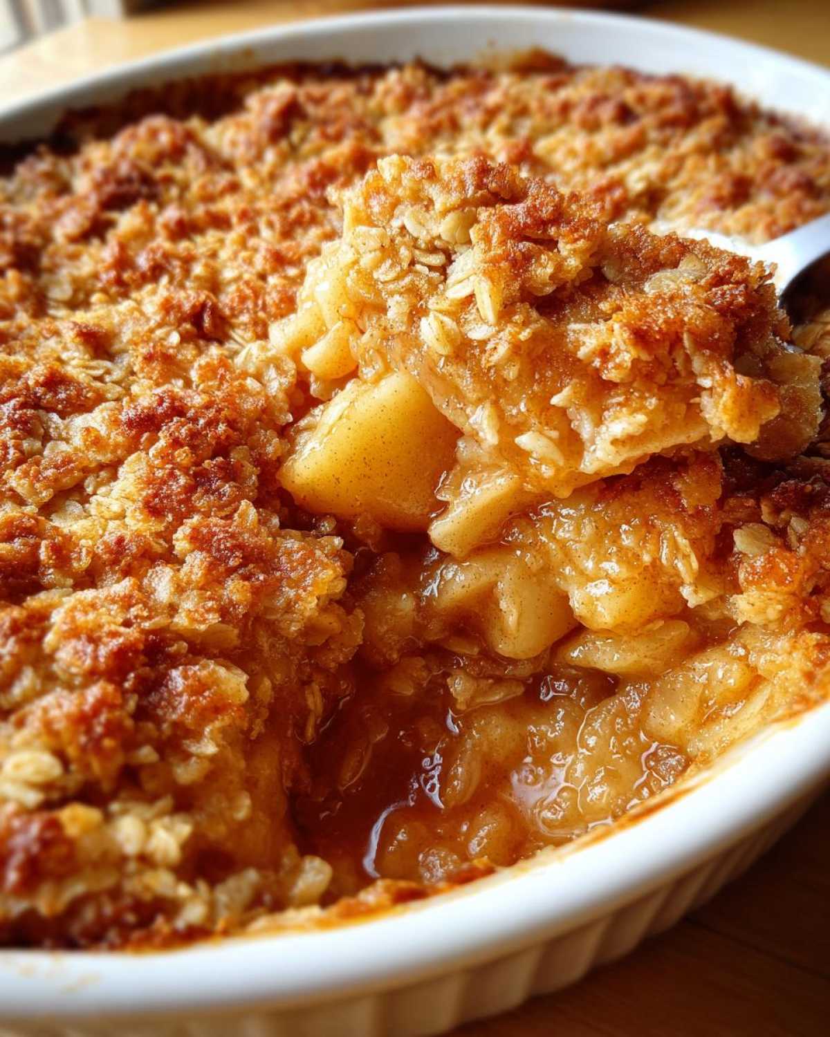 Close-up of a spoonful being lifted from a baked apple crisp recipe, showing bubbly, spiced apples and golden oat topping.