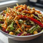 A vibrant bowl of Amazing Asian Chickpea Slaw featuring shredded cabbage, carrots, chickpeas, and a peanut dressing, topped with sesame seeds.