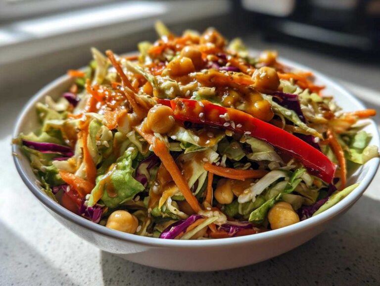 A vibrant bowl of Amazing Asian Chickpea Slaw featuring shredded cabbage, carrots, chickpeas, and a peanut dressing, topped with sesame seeds.
