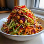 A tall mound of colorful Asian Chickpea Slaw featuring shredded cabbage, carrots, chickpeas, and red pepper, topped with sesame seeds.