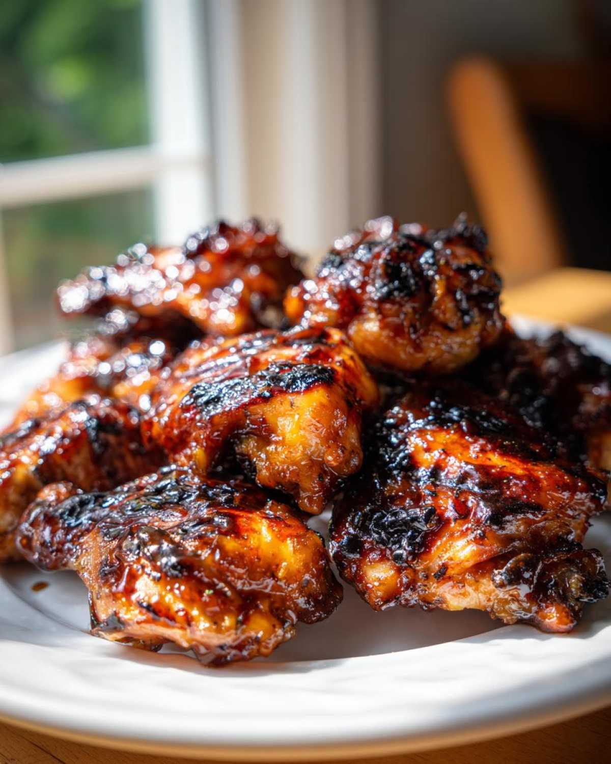 Close-up of several pieces of sticky, charred Authentic Huli Huli Chicken piled on a white plate, glistening in the sunlight.