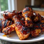 A pile of grilled Authentic Huli Huli Chicken drumsticks and wings glistening with a dark, caramelized glaze on a white plate.
