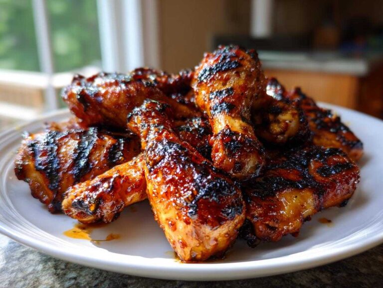 A pile of grilled Authentic Huli Huli Chicken drumsticks and wings glistening with a dark, caramelized glaze on a white plate.
