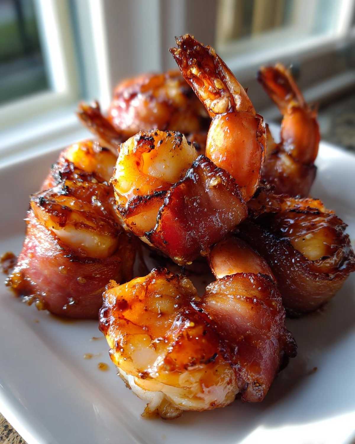 Close-up of several glazed bacon wrapped shrimp piled on a white plate, showing crispy bacon and juicy shrimp tails.