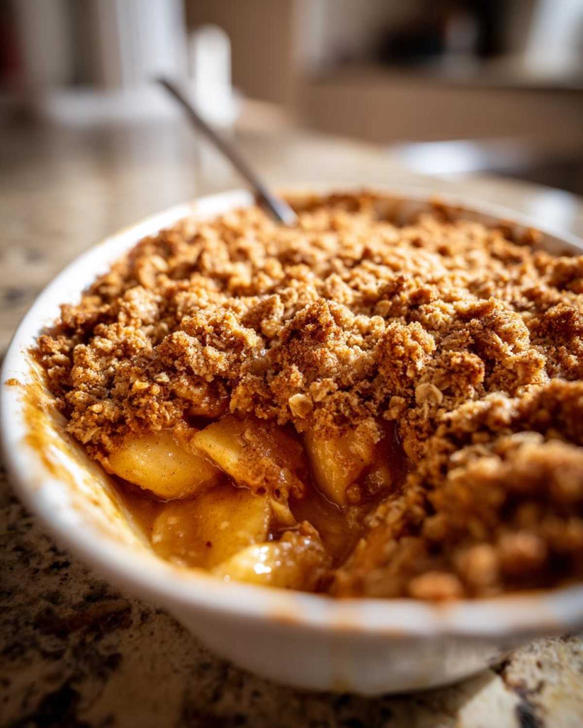 A close-up, inviting shot of a portion of baked apple crisp recipe, showing soft, syrupy apples beneath a thick, golden-brown oat crumble topping.