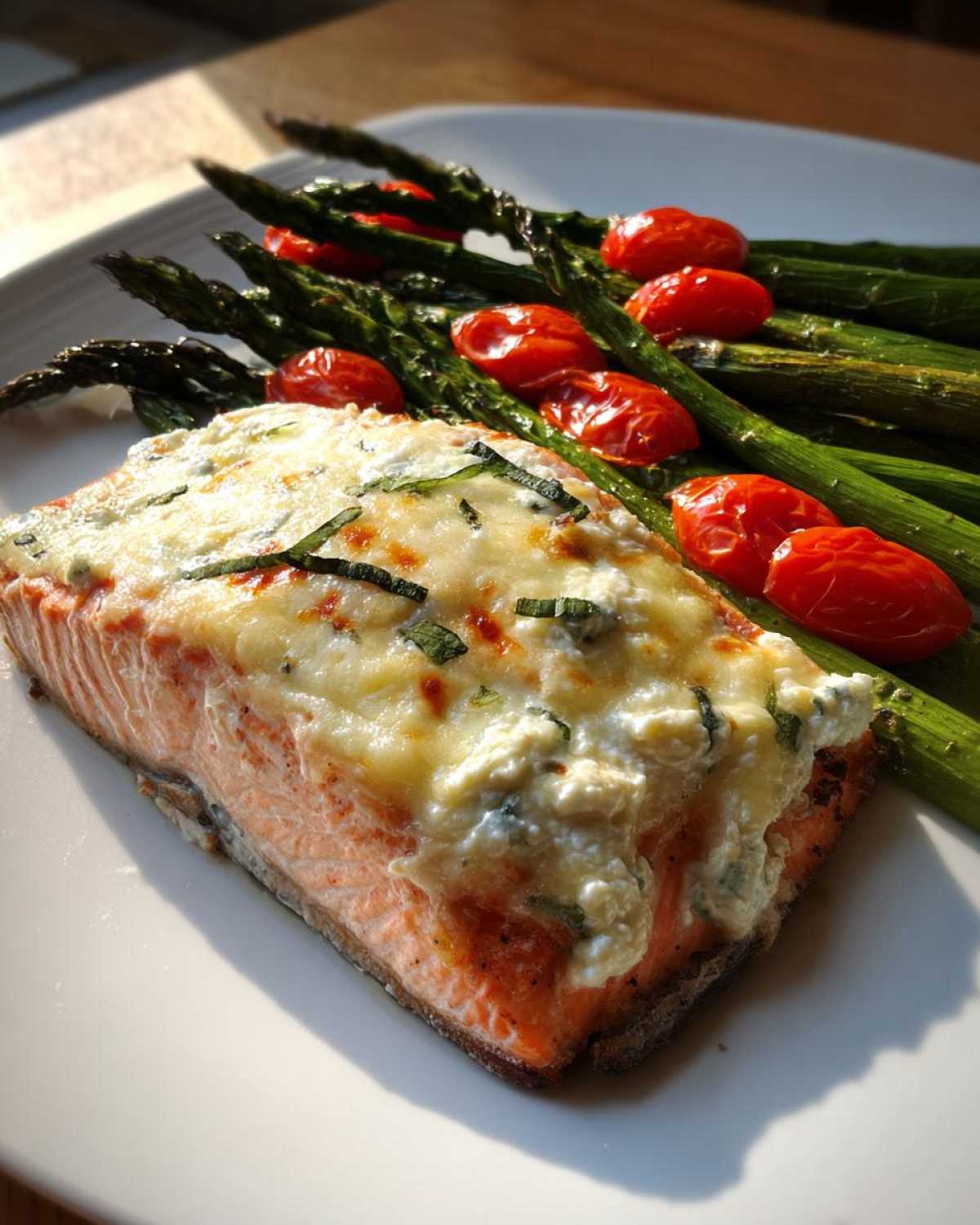 A close-up of a fillet of Baked Boursin Salmon topped with melted cheese and herbs, served with roasted asparagus and tomatoes.