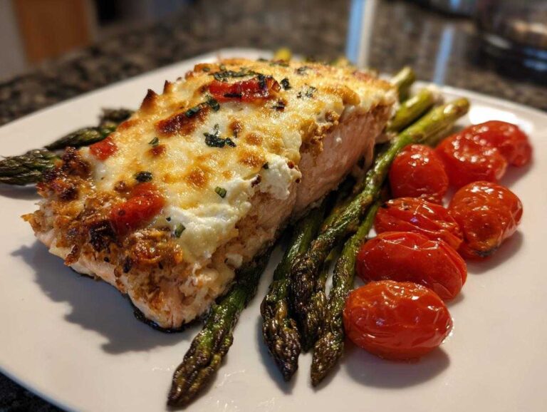 Amazing 12-Minute Baked Boursin Salmon A close-up of a fillet of Baked Boursin Salmon topped with melted cheese, served with roasted asparagus and cherry tomatoes.