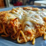 A close-up of a serving of baked Chicken Spaghetti topped with melted cheese and a crispy breadcrumb crust.