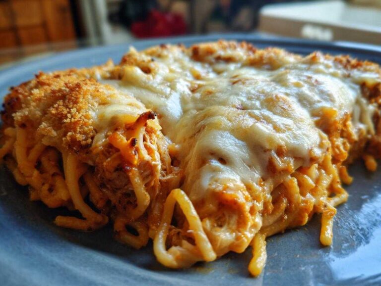 Amazing 15-Min Chicken Spaghetti Comfort Food A close-up of a serving of baked Chicken Spaghetti topped with melted cheese and a crispy breadcrumb crust.