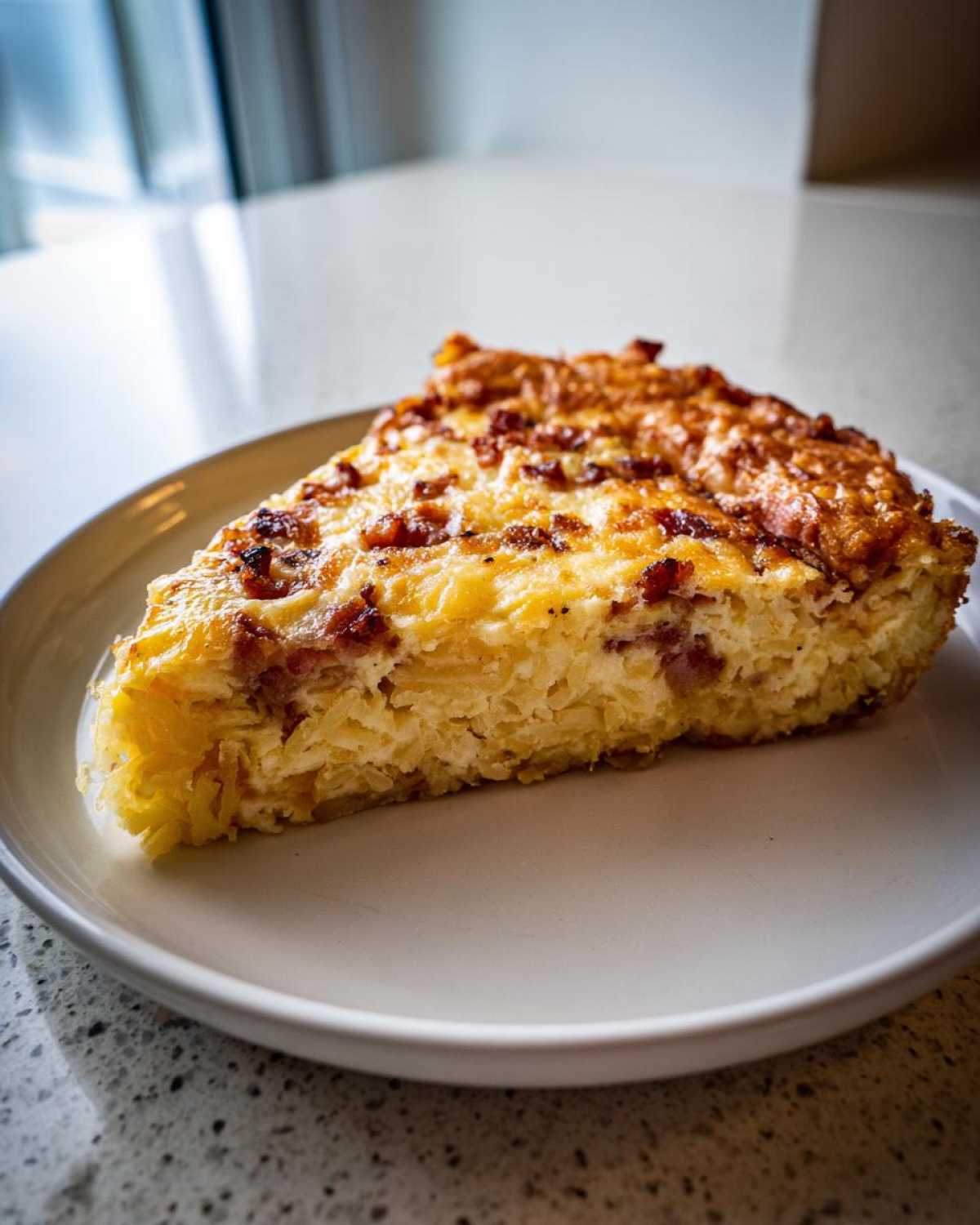 A single slice of Baked Hash Brown Quiche featuring a crispy hash brown crust and cheesy egg filling topped with bacon.