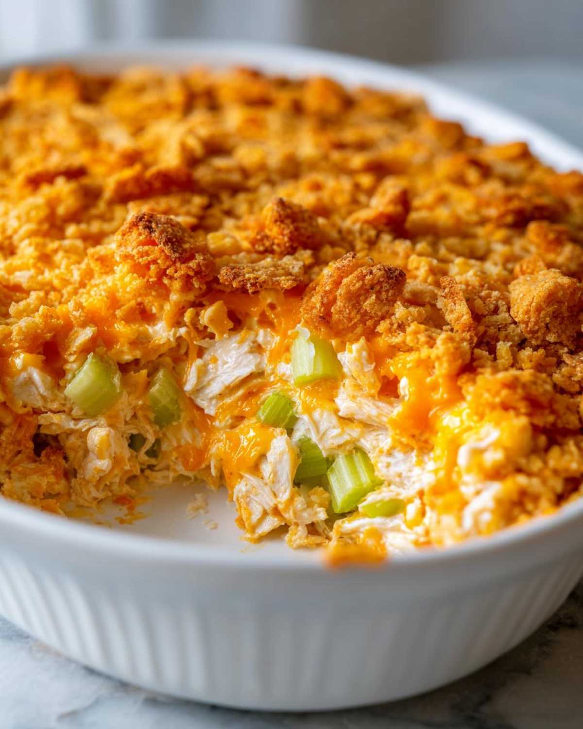 Close-up of a baked hot chicken salad casserole with shredded chicken, melted cheese, celery, and a crunchy golden topping.