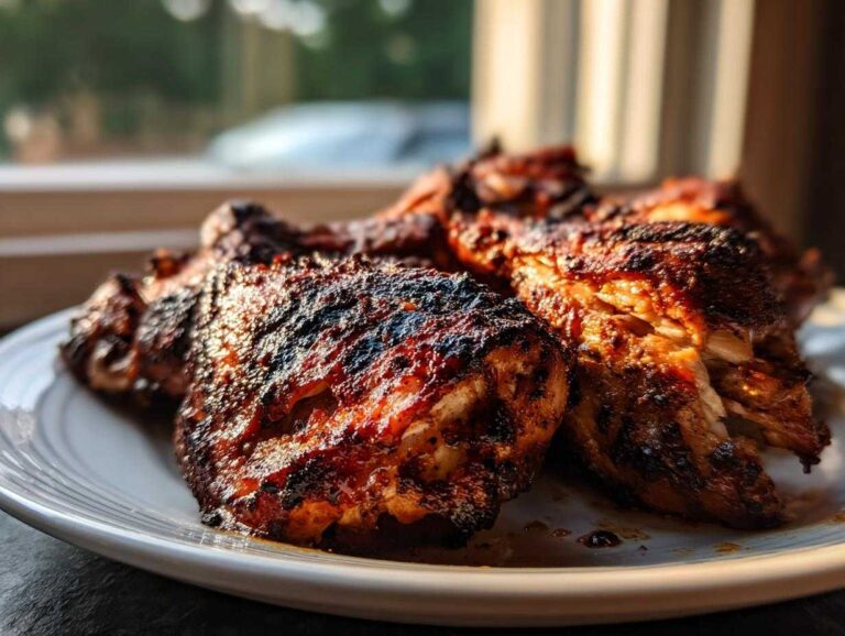 Close-up of beautifully baked Jamaican jerk chicken pieces with a dark, caramelized crust on a white plate.