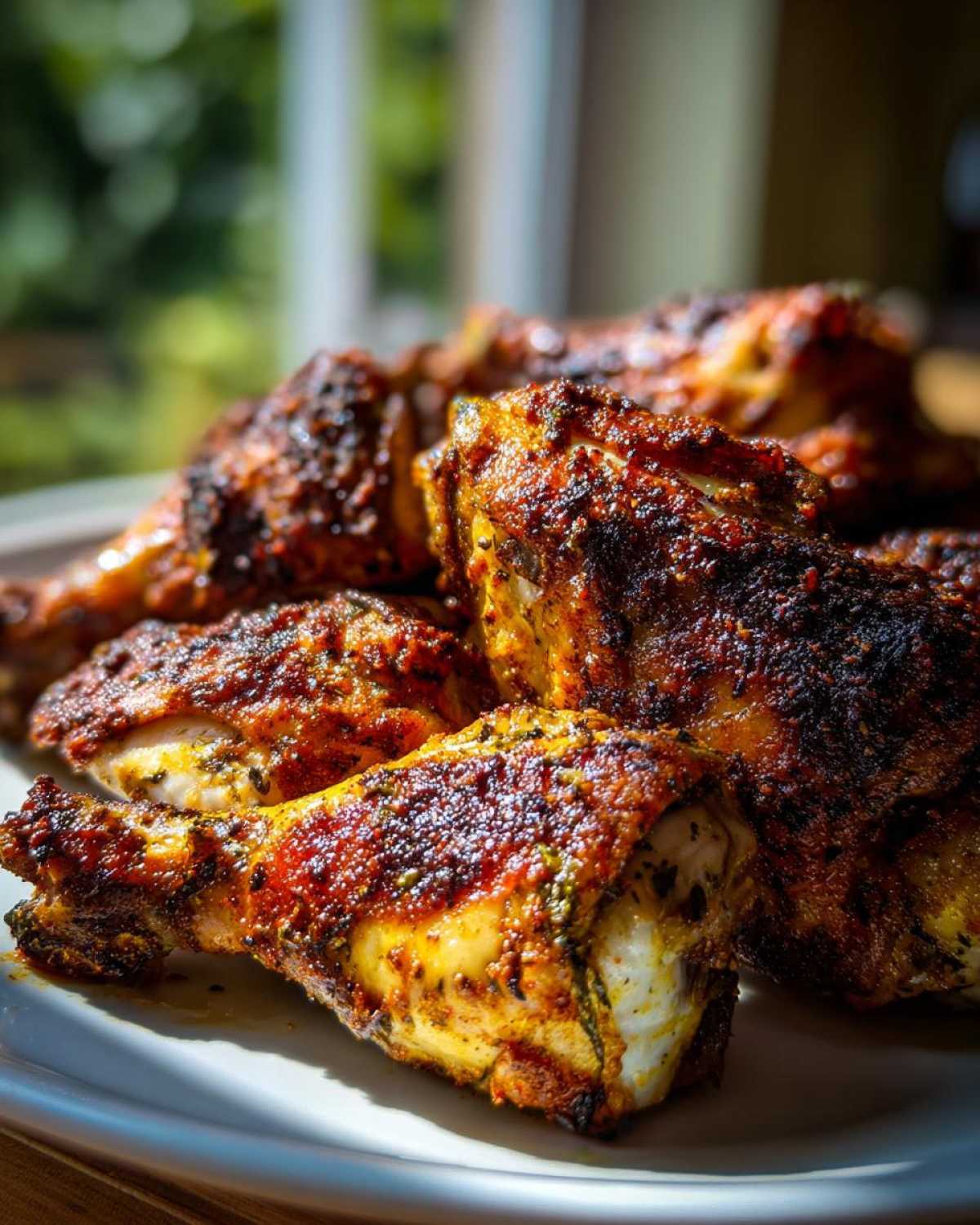 Close-up of several baked jamaican jerk chicken drumsticks piled on a white plate, showing a dark, spicy crust.