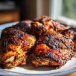 Close-up of several pieces of beautifully baked Jamaican jerk chicken with a dark, spicy crust.