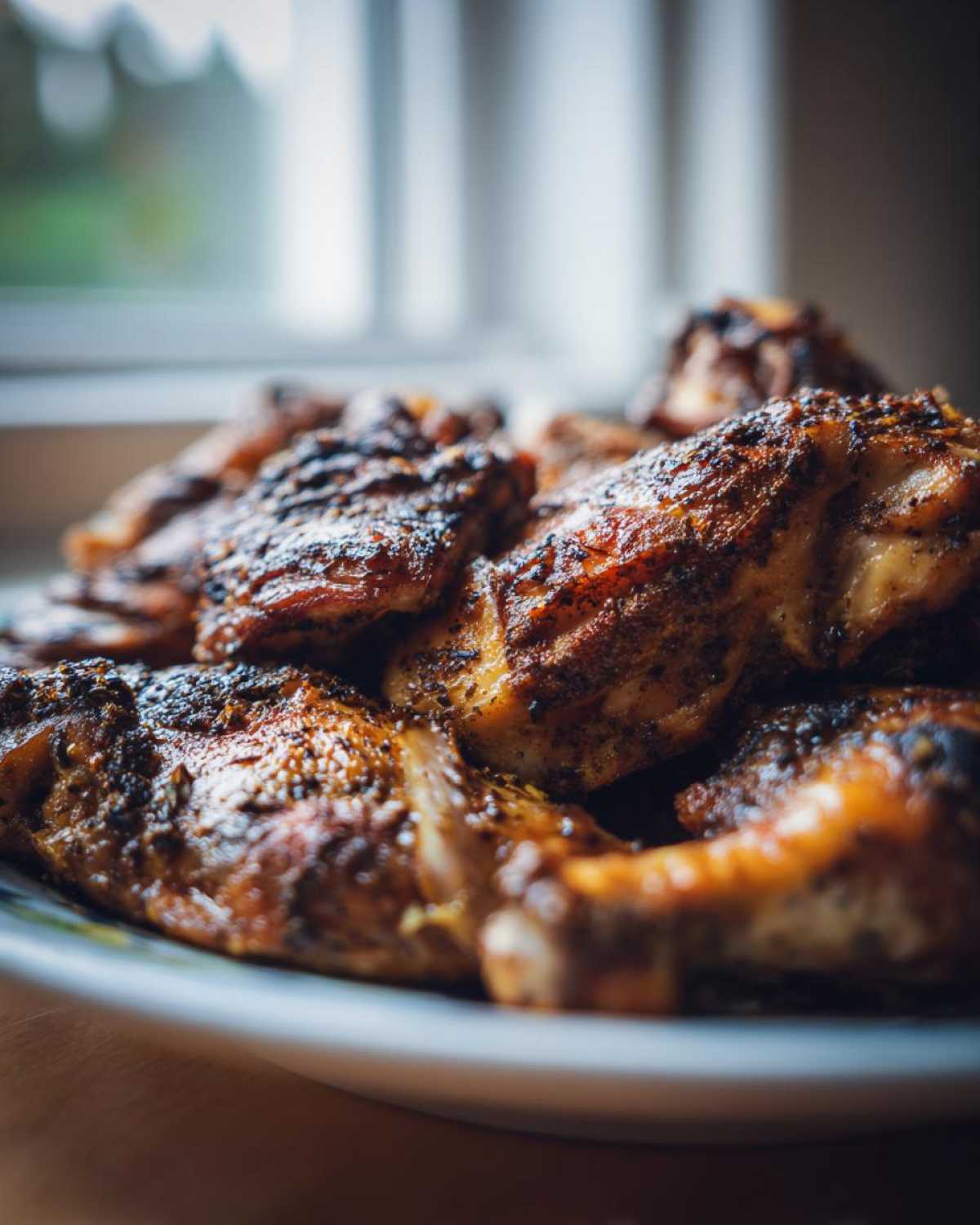 Close-up of several pieces of richly seasoned and baked jamaican jerk chicken piled on a white plate.
