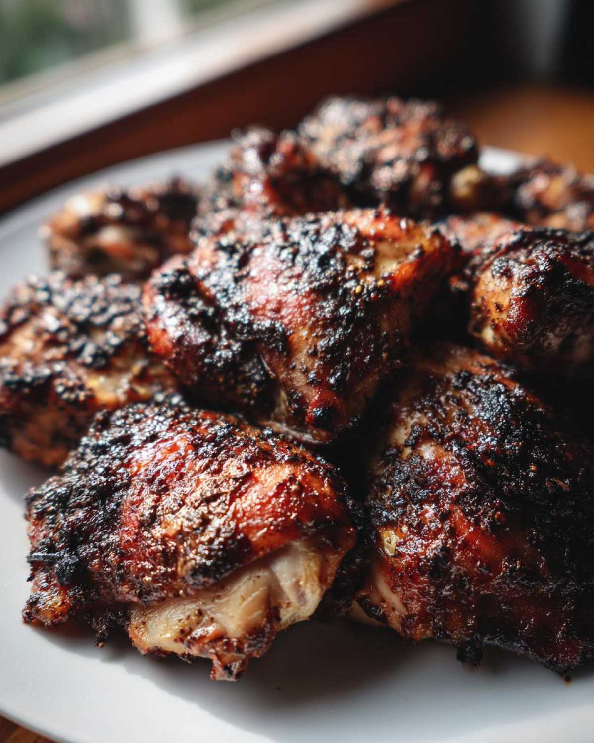Close-up of several pieces of deeply seasoned, baked Jamaican jerk chicken piled on a white plate.