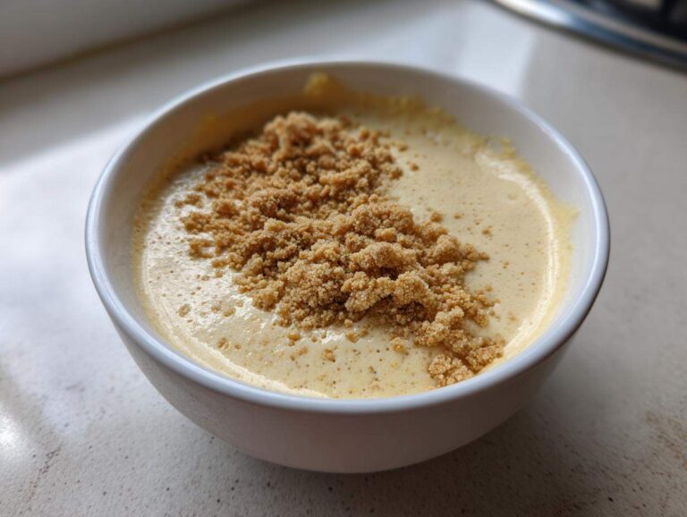 Close-up of Banana Cream Pie Blended Chia pudding topped with graham cracker crumbs in a white bowl.