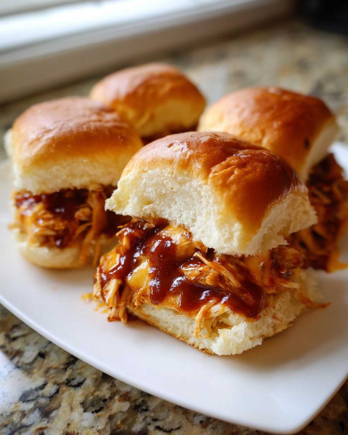 Close-up of four delicious bbq chicken sliders filled with shredded meat and rich sauce on a white plate.