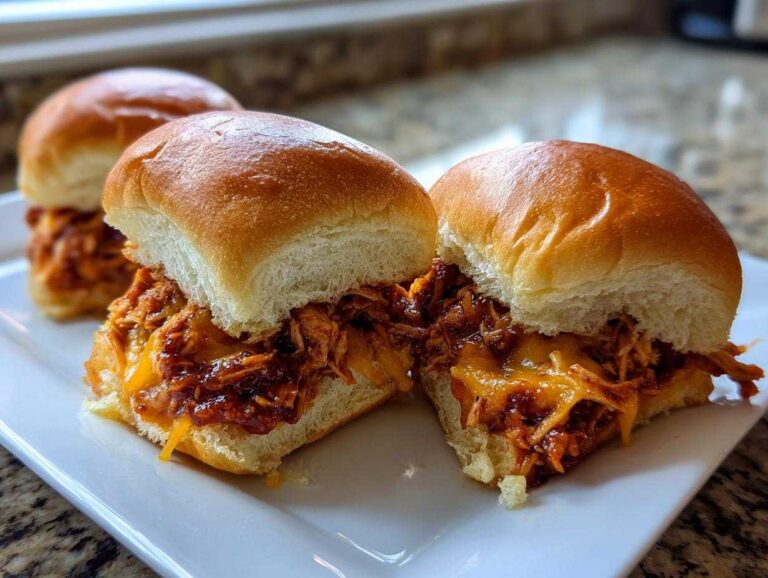 Close-up of two delicious bbq chicken sliders filled with shredded meat and melted cheddar cheese on a white platter.