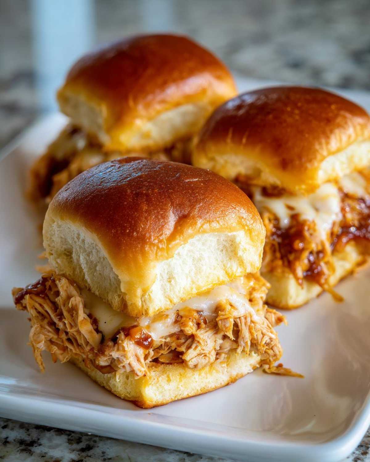 Close-up of three delicious bbq chicken sliders with melted cheese on soft buns served on a white plate.
