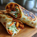 Two halves of a grilled Bbq Chicken Wraps Flavorful Busy recipe, showing shredded chicken and coleslaw filling.