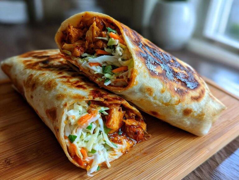 Two halves of a grilled Bbq Chicken Wraps Flavorful Busy recipe, showing shredded chicken and coleslaw filling.