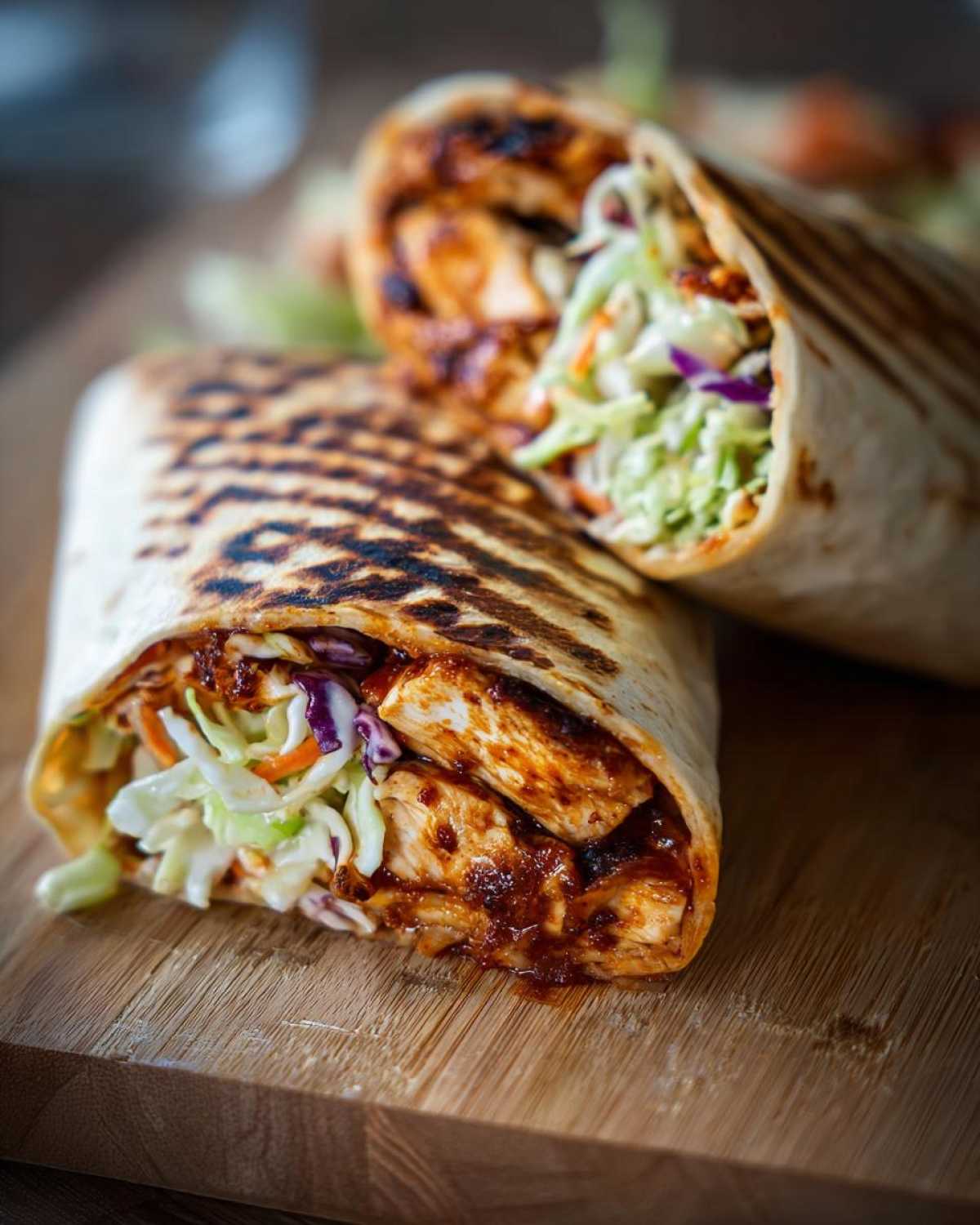 Two halves of a grilled wrap filled with saucy Bbq Chicken Wraps Flavorful Busy chicken and coleslaw on a wooden board.