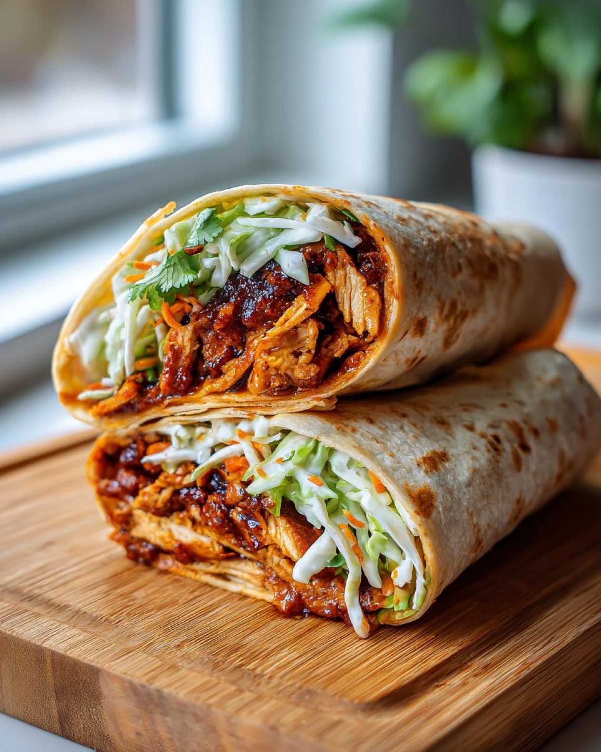 Two halves of a Bbq Chicken Wraps Flavorful Busy Triumph stacked on a wooden board, showing saucy chicken and coleslaw.