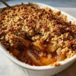 Close-up of a scoop taken out of a freshly baked apple crisp recipe showing gooey filling and crunchy oat topping.