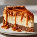 A thick slice of creamy biscoff cheesecake topped with a generous drizzle of caramel sauce.