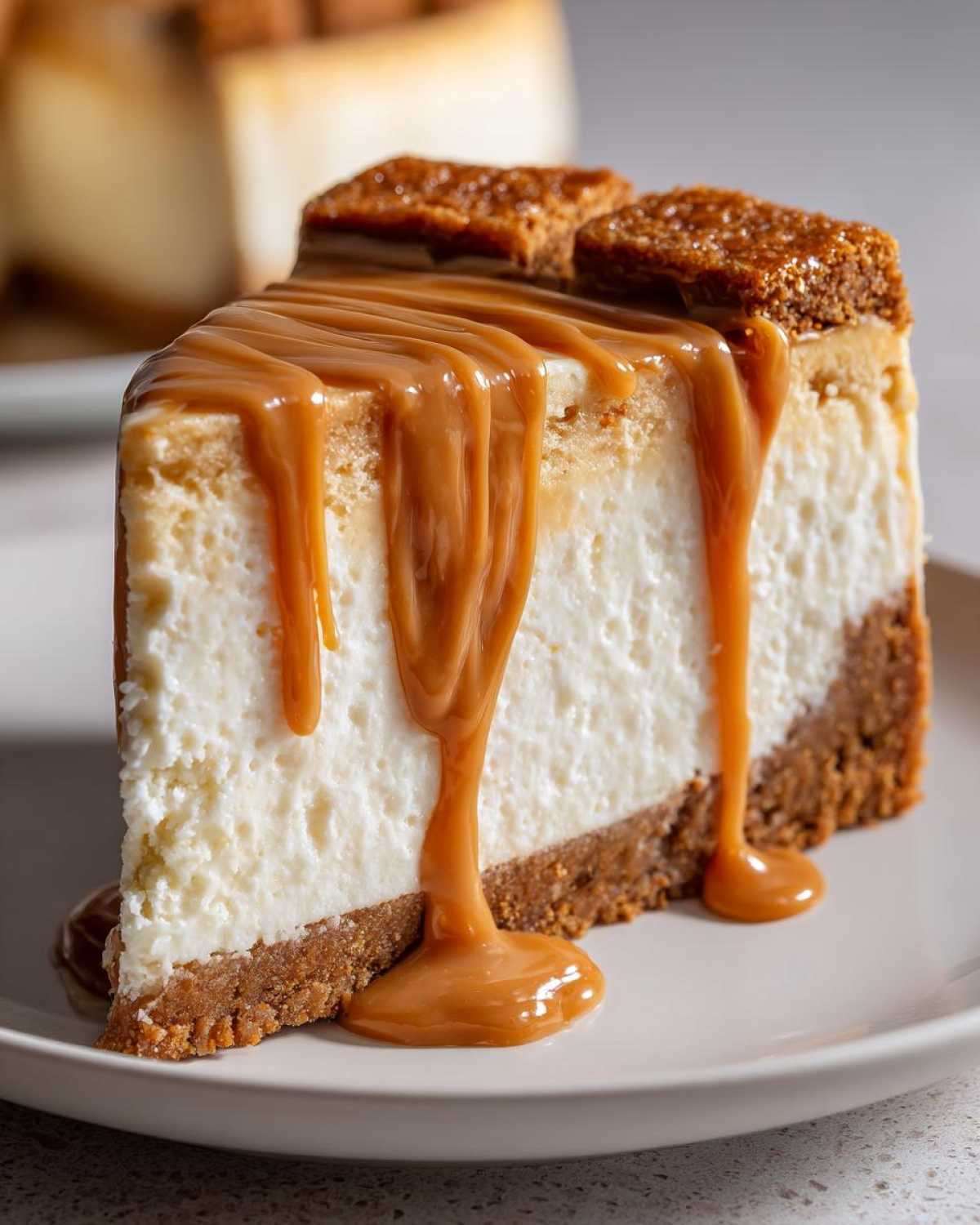 A close-up of a rich slice of biscoff cheesecake topped with thick caramel sauce and biscoff cookies.