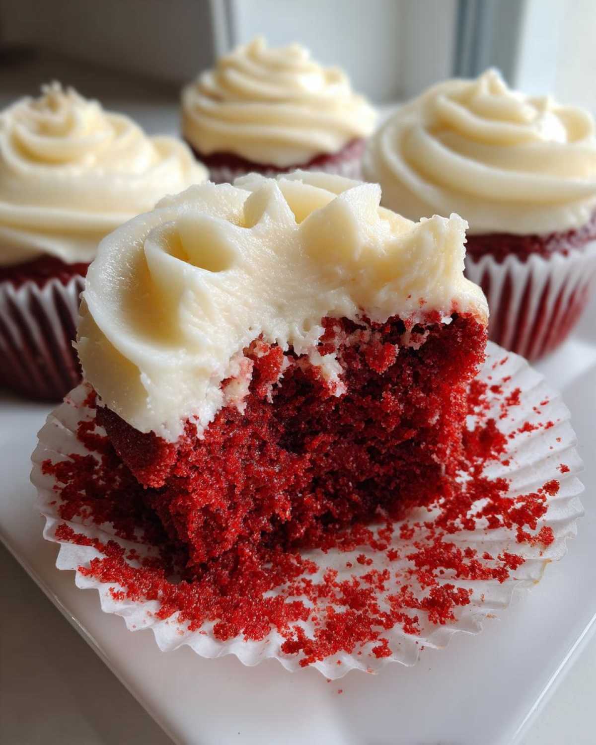 A close-up of one red velvet cupcakes with a bite taken out, revealing the moist red cake and thick cream cheese frosting. More red velvet cupcakes are blurred in the background.