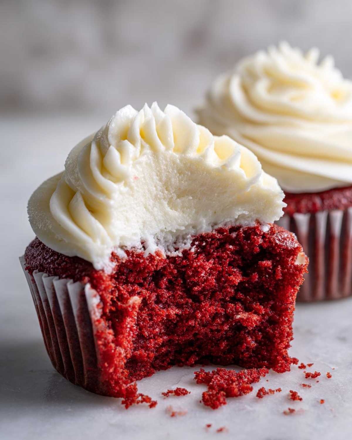 A close-up of a red velvet cupcakes with a bite taken out, revealing the moist red interior and thick cream cheese frosting.