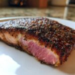 Close-up of a thick, perfectly cooked piece of blackened salmon showing a dark, spicy crust and moist pink interior.