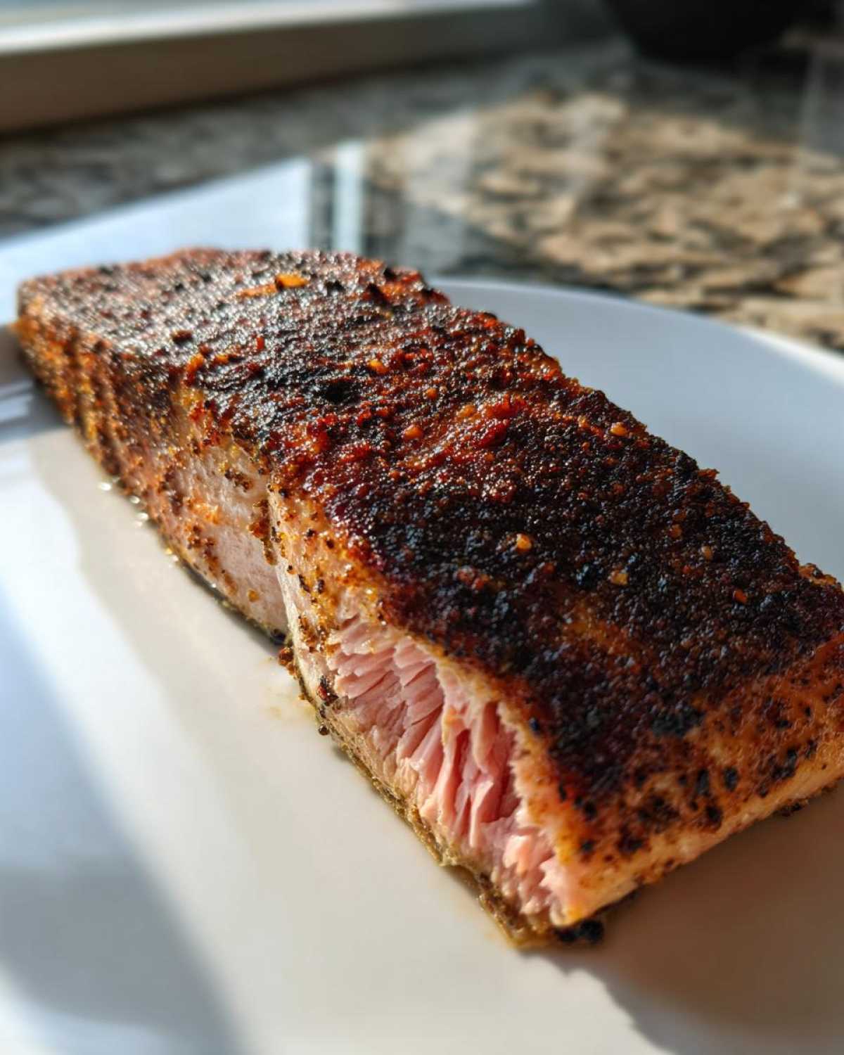 A thick, perfectly cooked fillet of blackened salmon showing a dark, spiced crust and flaky pink interior.