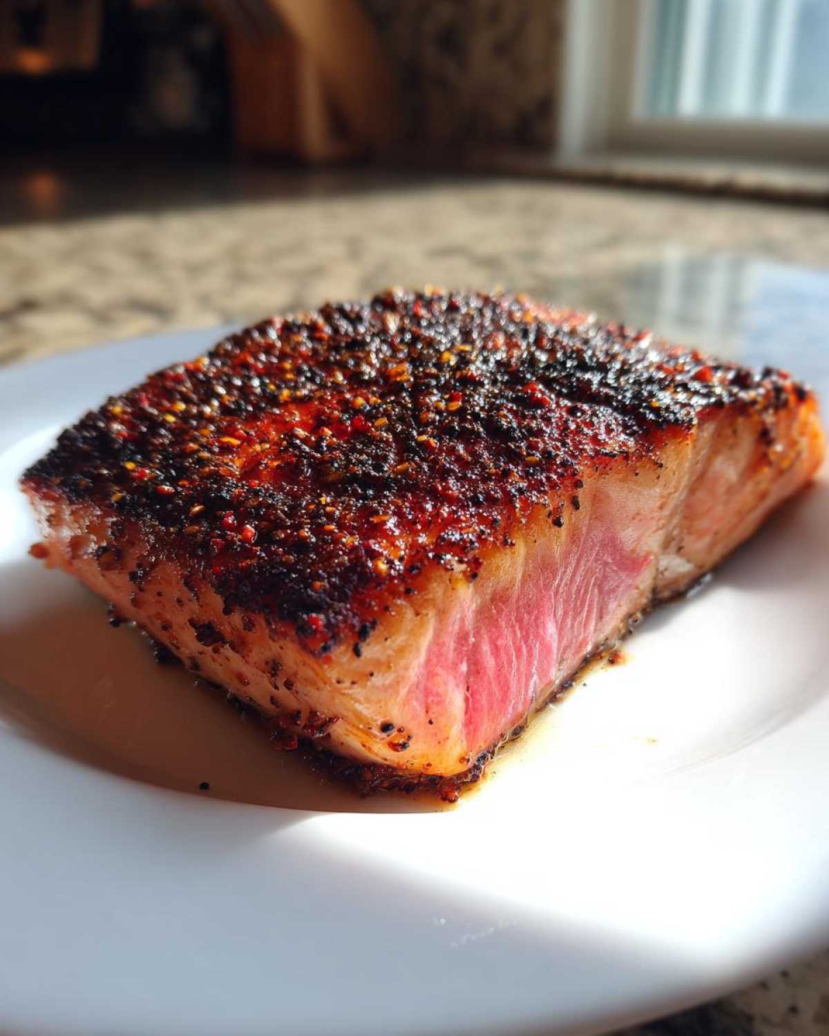 A thick, perfectly cooked piece of blackened salmon showing a dark, spicy crust and moist pink interior on a white plate.