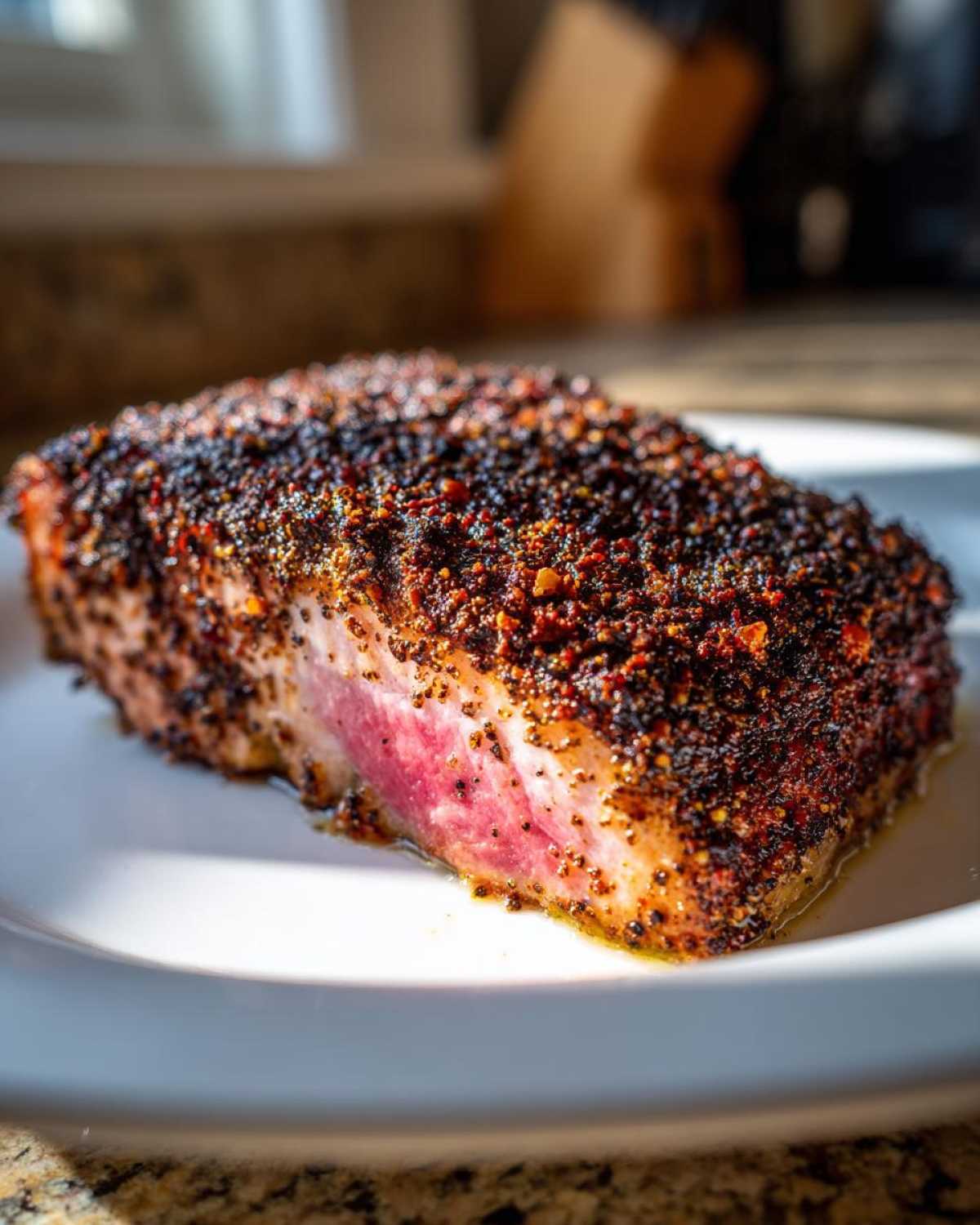 Close-up of a thick fillet of blackened salmon, showing a dark spice crust and a moist, medium-rare pink interior.