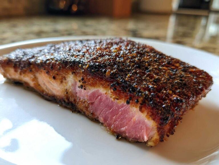 Close-up of a thick, perfectly cooked piece of blackened salmon showing a dark, spicy crust and moist pink interior.