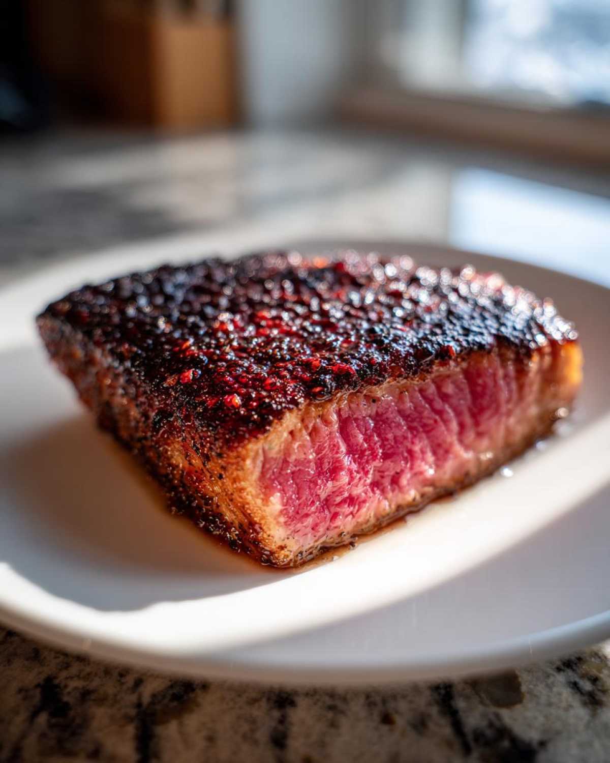 Close-up of a thick piece of blackened salmon showing a deep red, medium-rare interior.