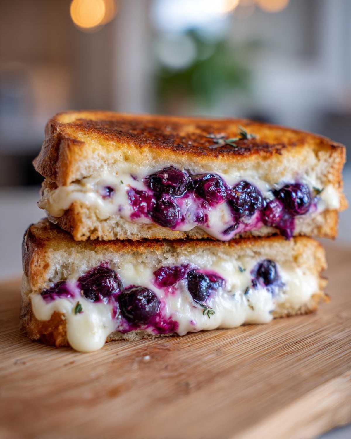 Two halves of a golden-brown Blueberry Grilled Cheese sandwich stacked, showing melted cheese and bursting blueberries.
