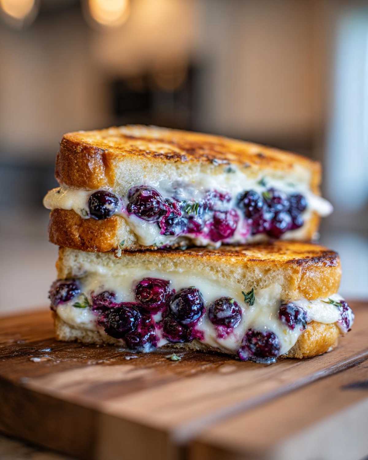 Two halves of a golden-brown Blueberry Grilled Cheese stacked on a wooden board, showing melted cheese and juicy blueberries.