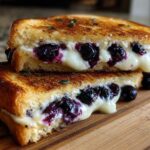 Two halves of a golden-brown Blueberry Grilled Cheese stacked on a wooden board, showing melted cheese and bursting blueberries.
