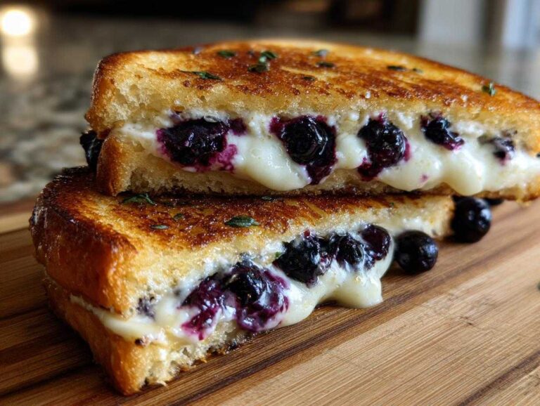 Two halves of a golden-brown Blueberry Grilled Cheese stacked on a wooden board, showing melted cheese and bursting blueberries.