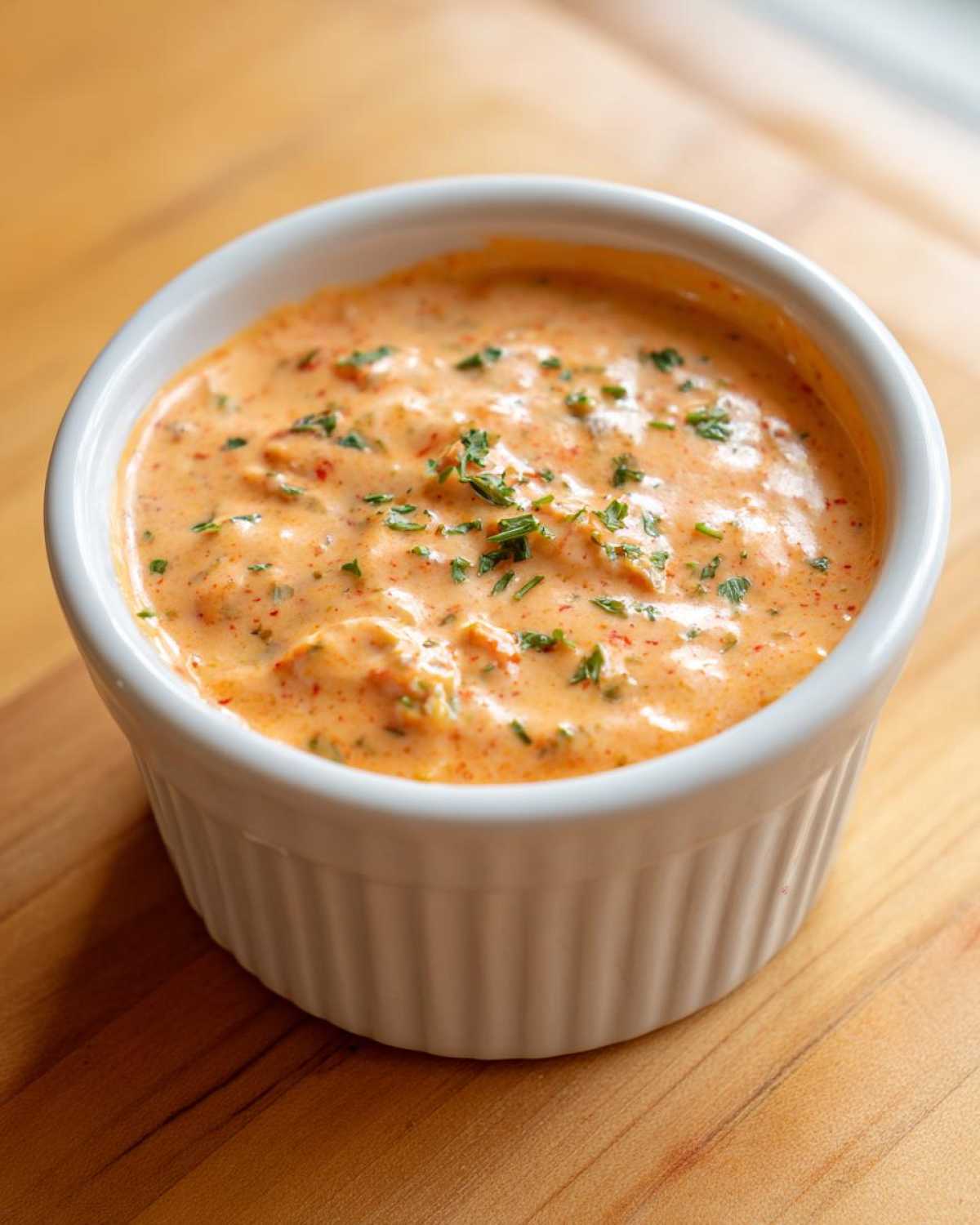 A close-up of a creamy, orange-hued remoulade sauce garnished with chopped green herbs in a white ramekin.